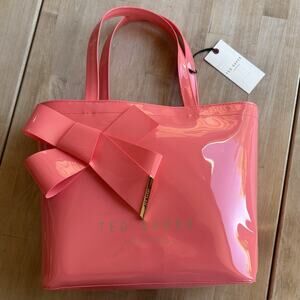 Ted Baker London Nikicon Coral Pink Vinyl Knot Bow Gold Logo Tote Bag Med *NEW*